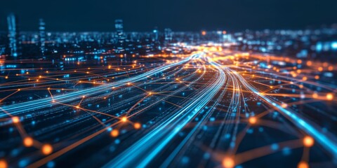 Fototapeta premium Glowing data highways connecting skyscrapers