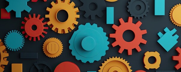 A vibrant arrangement of colorful gears on a dark background, symbolizing mechanics, creativity, and engineering concepts.