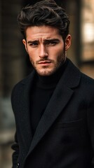 Obraz premium Portrait of a Handsome Man in a Stylish Black Coat