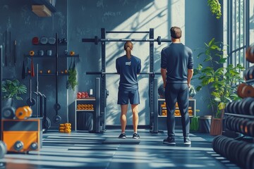 Fototapeta premium A personal trainer provides guidance to a woman while she prepares for a workout in a gym.