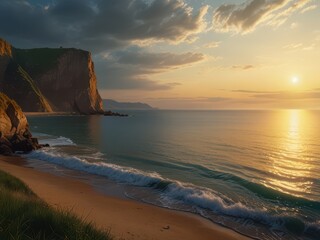 Sunset on a picturesque coastline with majestic cliffs and the sea