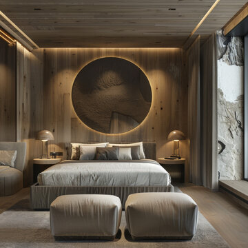boutique hotel room, minimalistic modern , mountain luxury 5 stars resort, wide anglekelly hoppen style