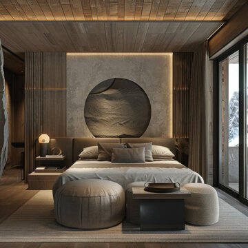 boutique hotel room, minimalistic modern , mountain luxury 5 stars resort, wide anglekelly hoppen style