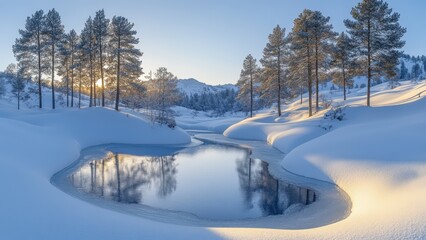 Obraz premium A serene winter landscape featuring a frozen river and snow-covered trees at sunrise.