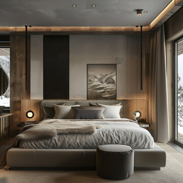 boutique hotel room, minimalistic modern , mountain luxury 5 stars resort, wide anglekelly hoppen style 