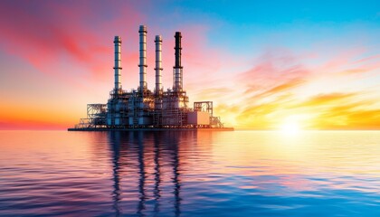 Fototapeta premium A vivid sunset over an oil rig, reflecting on calm waters, showcasing industrial energy production against a colorful sky.