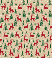 Seamless Christmas Tree And Deer On Natural Background