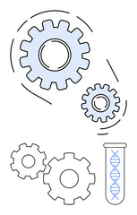 Gears interlocking beside a test tube containing a DNA double helix. Ideal for biotechnology, genetic research, innovation, science communication, engineering, education, healthcare. Line metaphor