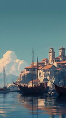 Obraz premium Coastal Town Seascape: Vintage Boats in a Calm Harbor