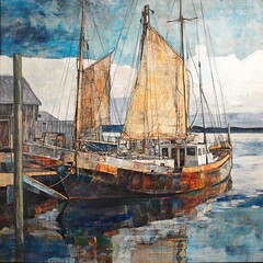 Vintage Sailing Boat at the Harbor: A Serene Seascape Painting