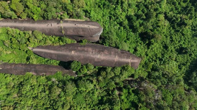 Aerial view of an iconic Three Whales Rock (in Thai called Hin Sam Wan) a 75-million-year-old rock formation protruding out of a mountain in Phou Sing, Bueng Kan Province, Thailand.