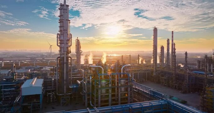 Oil refinery and chemical plant at sunset. Business Finance and Industry background
