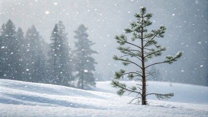 Fototapeta premium A lone pine branch stands tall in the midst of a snowstorm with falling snowflakes gently hitting its surface, snowflake, frosty, pine, evergreen