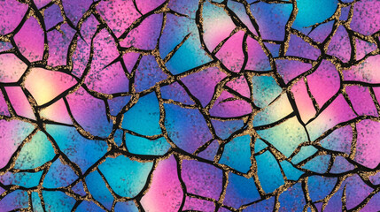 A vibrant, abstract design featuring a mosaic of colorful, cracked patterns in shades of blue, pink, and purple.