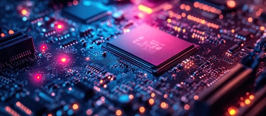 Obraz premium Close-up shot of a computer chip with red and blue lights reflecting on the circuit board.