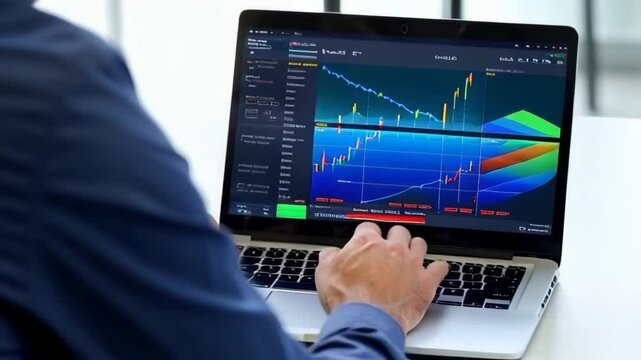A man is typing on a laptop with a stock market graph on the screen. He is focused on the screen and he is working on a financial report