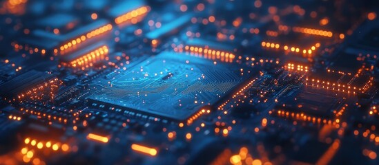 Obraz premium Close-up view of a circuit board with glowing orange lights.