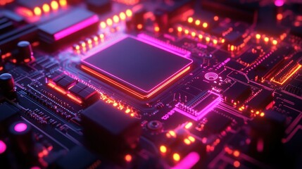 Obraz premium A close-up shot of a circuit board with a glowing processor in the center.