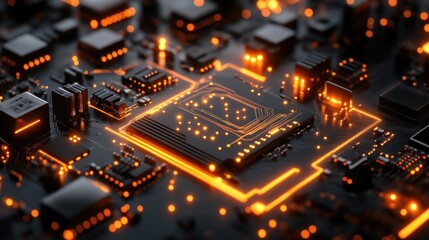 Obraz premium A close-up of a glowing orange circuit board with a central processor.