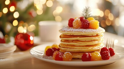 Delicious Stack of Fluffy Pancakes Topped with Fresh Berries and Sprinkled with Powdered Sugar on a Festive Table Surrounded by Holiday Decor