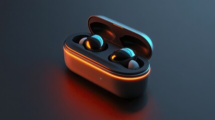  A futuristic wireless earbud set with a sleek charging case, featuring glowing LED indicators and soft matte textures, displayed in a dynamic floating composition with a transparent background 