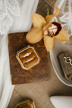 flat-lay of wedding rings in a velvet box, styled with an orchid and vintage book for a romantic wedding aesthetic