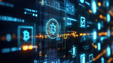 A glowing bitcoin symbol in a futuristic digital environment with data streams and icons.