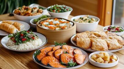 Lavish Spread of Gourmet Dishes Featuring Salmon, Rice, Fresh Vegetables, and Appetizing Sides Perfect for Celebrations and Family Gatherings in a Cozy Atmosphere