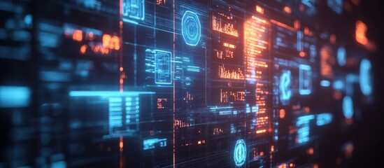 Fototapeta premium Abstract futuristic interface with glowing blue and orange digital elements.