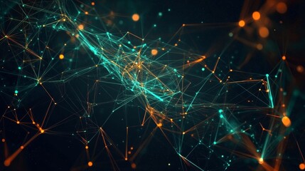 Fototapeta premium Abstract Digital Network Connection Lines and Dots in Teal and Orange on Dark Green Background