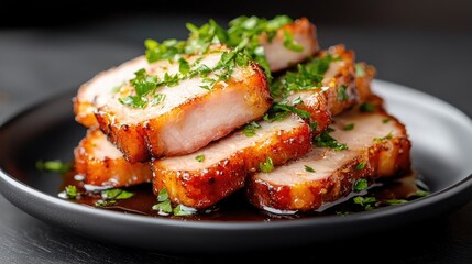 Succulent Slices of Glazed Roast Pork Garnished with Fresh Chopped Herbs on a Sleek Black Plate, Perfectly Styled for Culinary Photography and Food Presentation