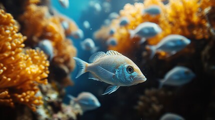 Fototapeta premium A school of fish swims in deep blue waters, illustrating the beauty and diversity of marine habitats.