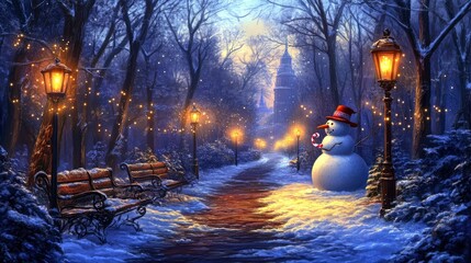Fototapeta premium Enchanting Winter Wonderland Snowman in a Snow-Covered Park with Christmas Lights