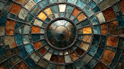 Fototapeta premium A vibrant, circular mosaic design featuring earthy tones and intricate patterns, showcasing artistic craftsmanship and color harmony.