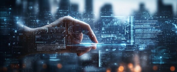 Futuristic Digital Interface with Holographic Interaction and Cityscape Background