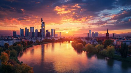 Obraz premium Vibrant sunset over cityscape, river reflection.