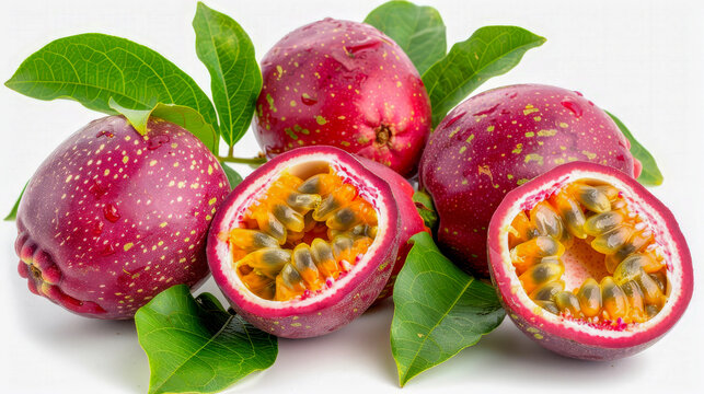 Purple passion fruits (Passiflora edulis) with vibrant seeds, accompanied by green leaves, creating a fresh tropical look