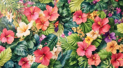 Fototapeta premium Vibrant hibiscus flowers and palm trees in a seamless tropical leaf pattern , seamless background, jungle foliage, natural patterns