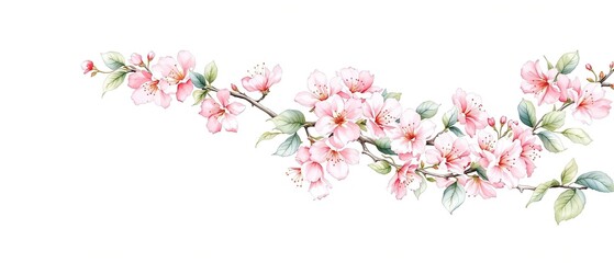 Cherry blossom branch in watercolor style on white background, with pink flowers and green leaves, spring bloom, floral artwork, lovely art, branch painting, Japanese culture