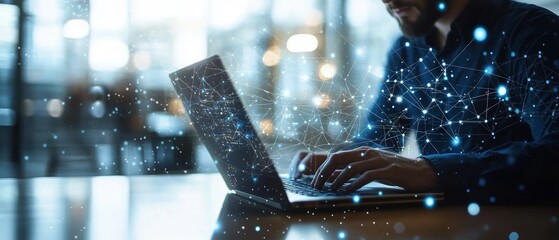 Digital Technology Internet Network Connection Big Data Digital Marketing IoT Concept Man Working on Laptop