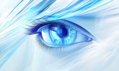 Close-up of a vibrant blue eye with abstract, glowing streaks.