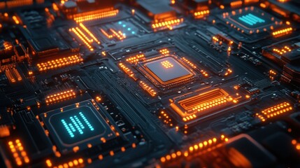 Obraz premium Close-up of a glowing circuit board with a central processor.
