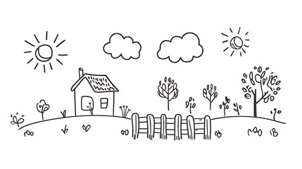 Fun children’s drawing in black outline with a house, sun, trees, clouds, and fence; simple and clean on a white background