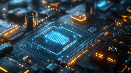 Obraz premium A close-up shot of a glowing CPU processor on a circuit board.