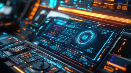 Obraz premium Futuristic digital interface with glowing blue and orange screens, buttons, and indicators.