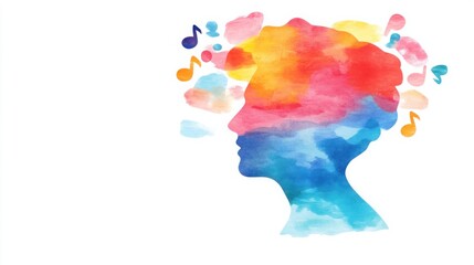 Colorful Silhouette of a Human Head with Vibrant Music Notes and Abstract Shapes Representing Creativity and Imagination in Art