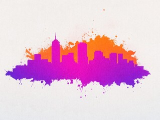 Obraz premium Colorful city skyline silhouette with vibrant orange and purple splashes on a textured background, conveying creativity and urban energy in artistic representation.