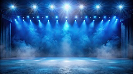 Naklejka premium Empty Stage Backdrop, Bluish Fog, Night Photography, AI Art
