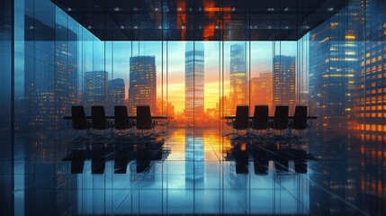 A large room with a view of the city and a table with chairs