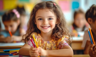 happy children smiling in classroom with girl holding yellow pencil